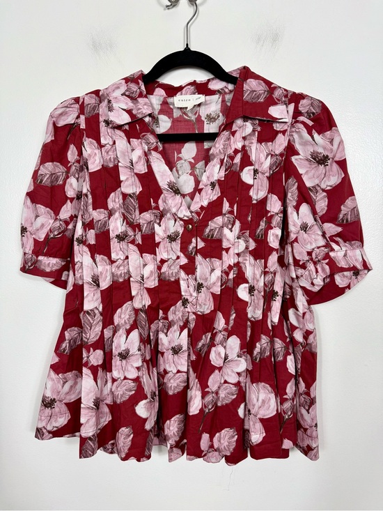 entro Tops - Entro Floral Cotton Collared Pintuck Puff Sleeve Top Size Large